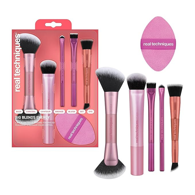 Real Techniques Big Blends Energy Brush + Dual-Sided Puff Kit, 6 Piece Face Makeup Brush & Puff S... | Amazon (US)