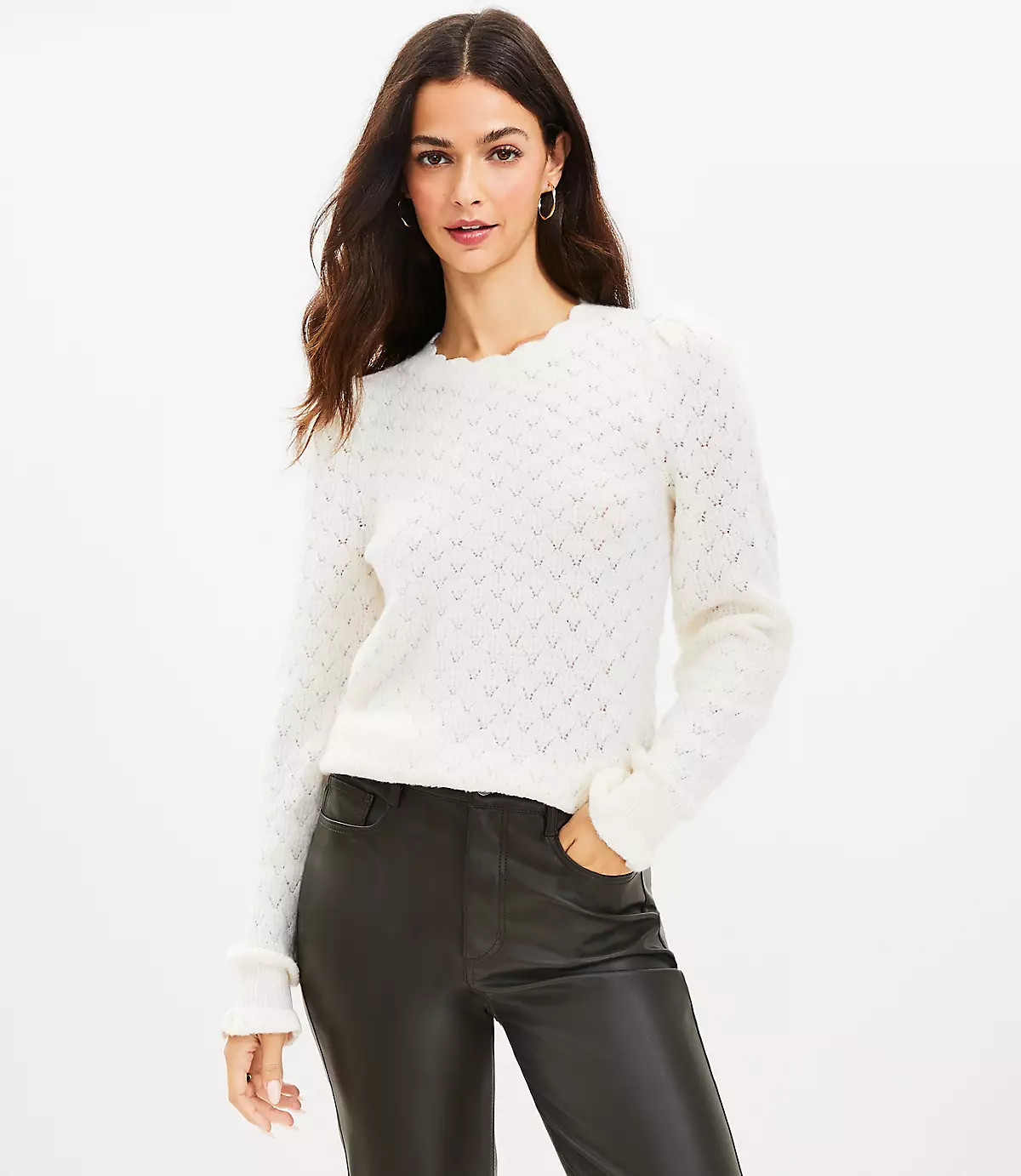 Scalloped Neck Pointelle Sweater | LOFT
