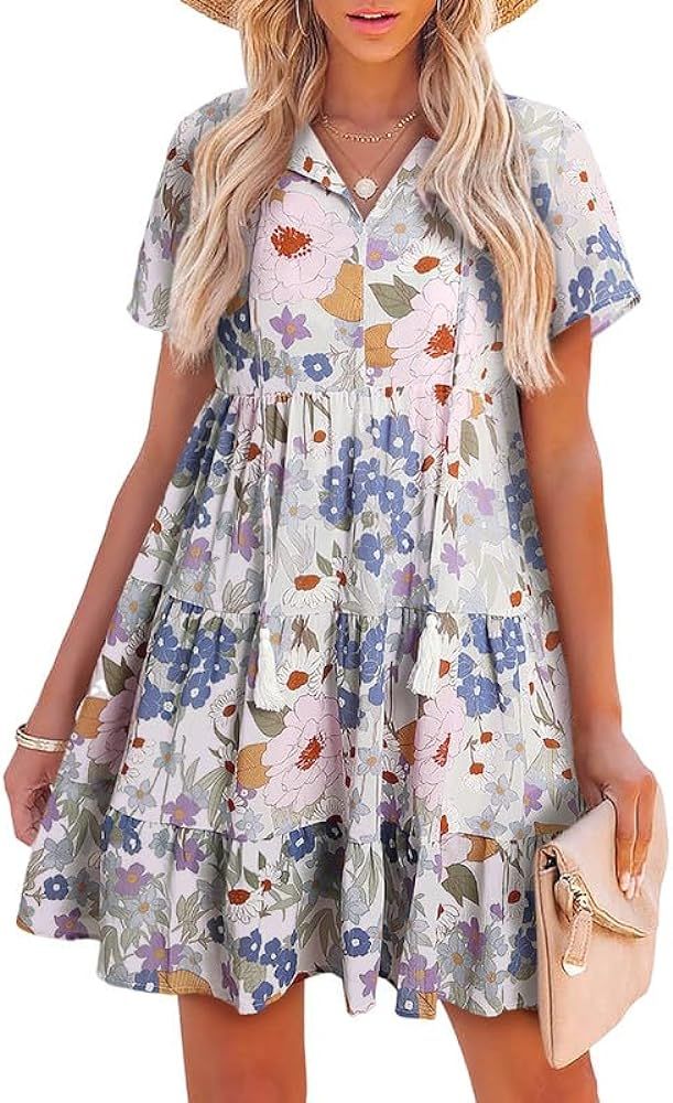 SHEWIN Women's Spring Summer Boho Floral Dresses Casual V Neck Short/Long Sleeve Ruffle Hem A-Lin... | Amazon (US)