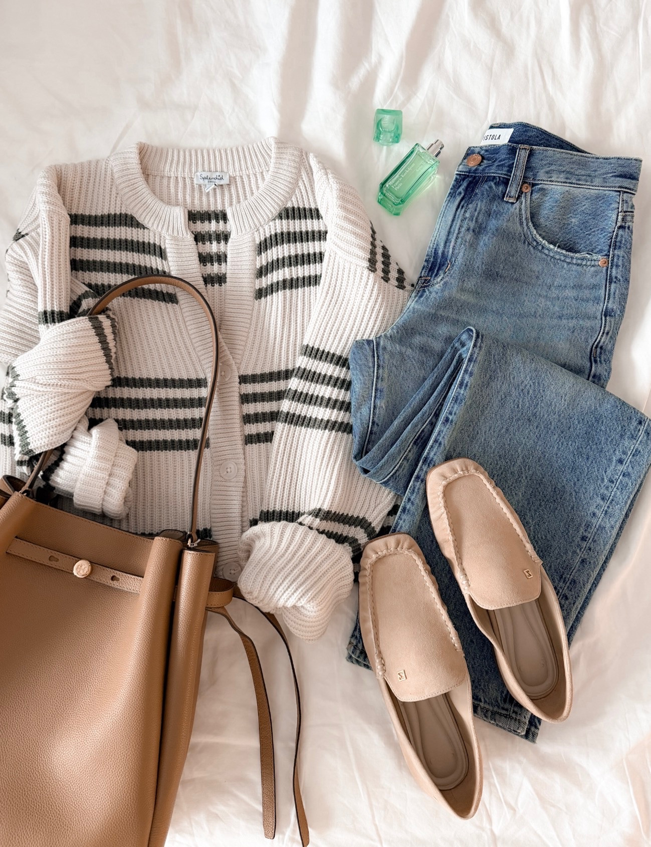 Spring outfit with cardigan, jeans, tory burch large romy bucket bag, suede loafers, fresh fragrance, annabrstyle

#LTKmomlife #LTKgrwm #LTKdayinmylife