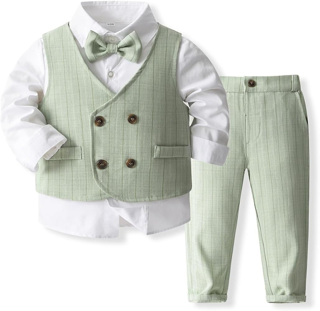 IDOPIP Toddler Kids Baby Boys Formal Suit Gentleman Outfit Long Sleeve Shirt with Bowtie + Vest +... | Amazon (US)