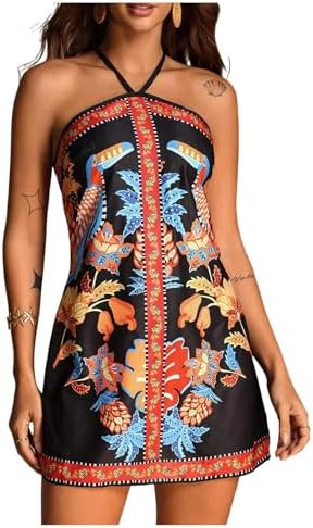 Women's Floral Boho Dress Criss Cross Tie Backless Mini Dresses Halter A Line Sundress | Amazon (US)