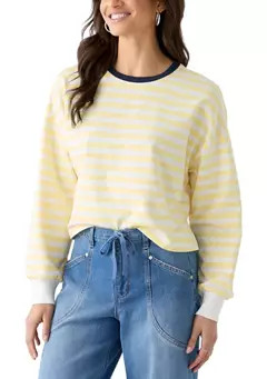 Oak & Trellis Women's Stripe Drop Shoulder Sleeve Crew Neck Sweatshirt | Belk