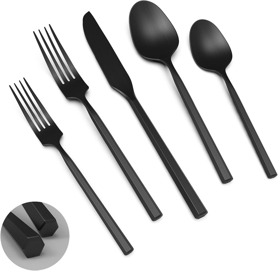 20-Piece Matte Black Silverware Set, Forged Stainless Steel Cutlery Set, Dishwasher Safe Flatware... | Amazon (US)