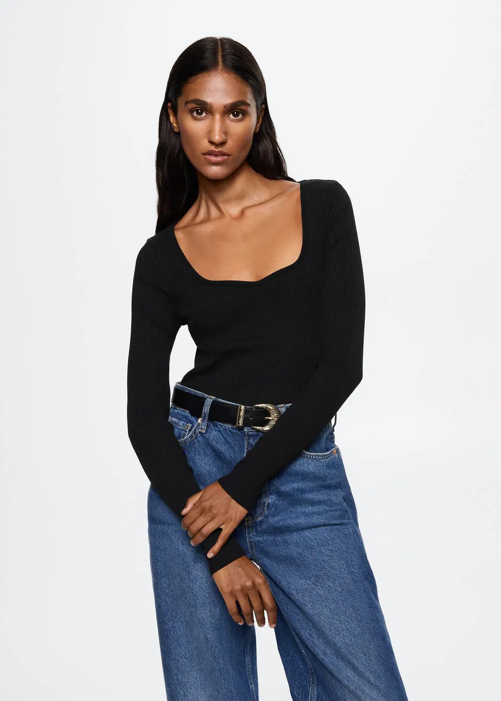 Ribbed Squared neckline t-shirt | MANGO (US)