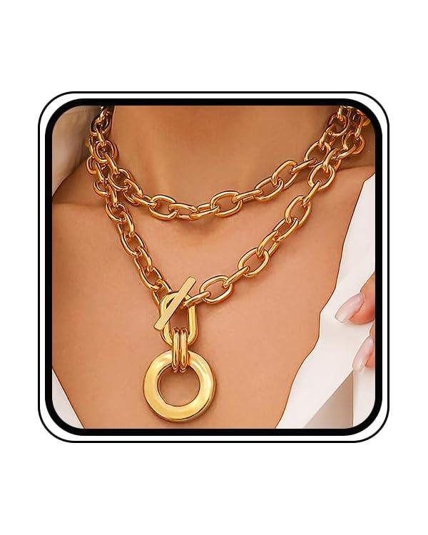 Chunky Gold Link Statement Choker Necklace for Women Trendy Layered Large Chain Pendant Necklaces... | Amazon (US)