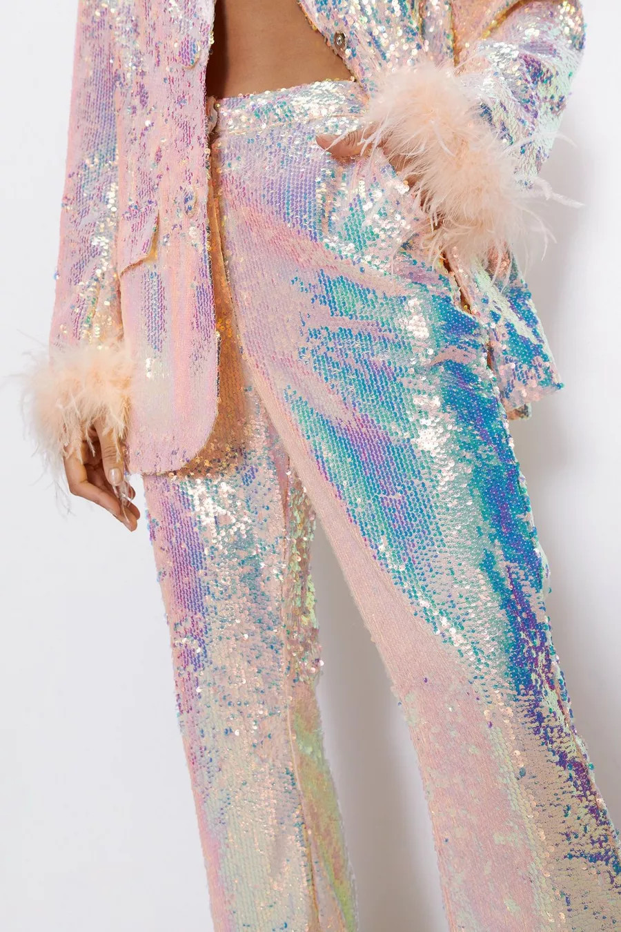 Premium Sequin Feather Trim Flare Pants | Nasty Gal (US)