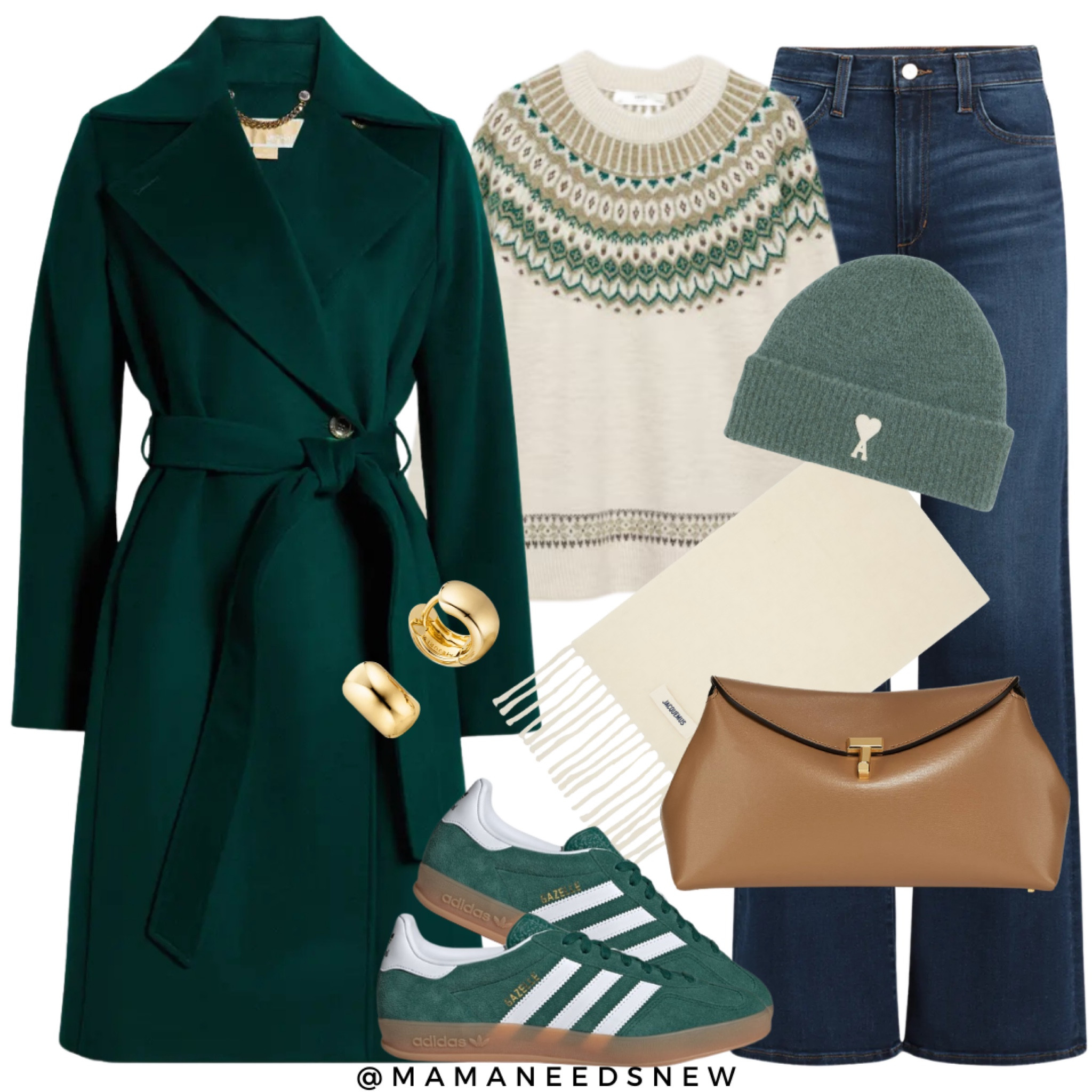 A late fall / winter outfit with a belted coat, fair isle sweater, jeans, sneakers, crossbody bag 💚

#LTKItBag #LTKShoeCrush #LTKSaleAlert