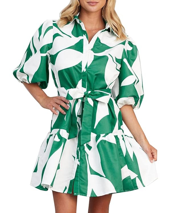 futurino Women Single Breasted A-line Dress, Floral Printed Boho Style Lantern Short Sleeve with ... | Amazon (US)