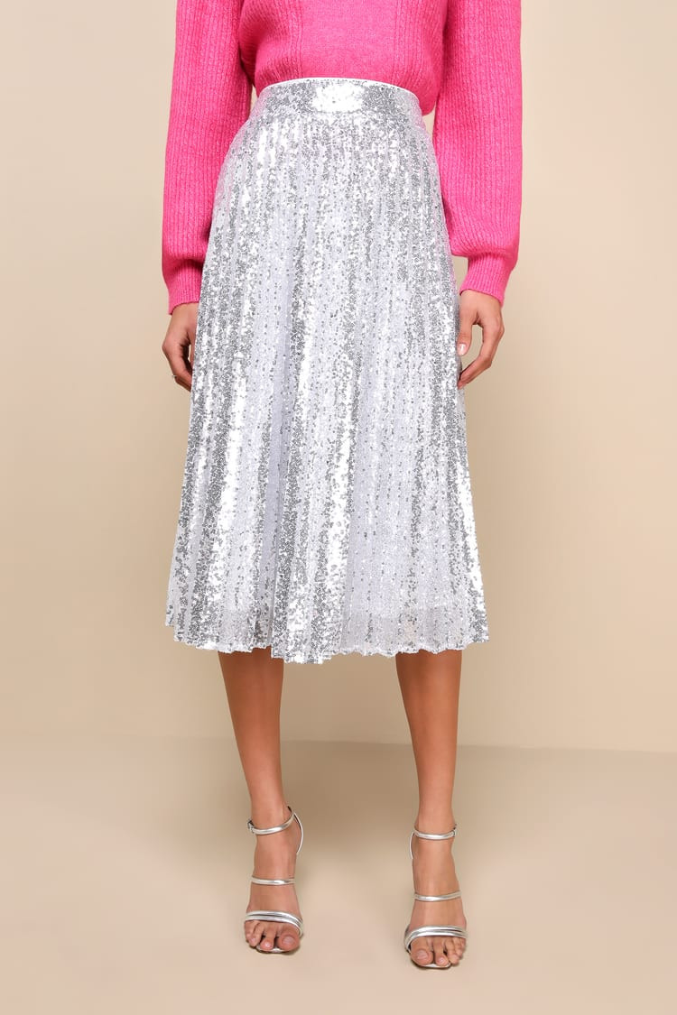 Glamorous Occasion Silver Sequin Pleated Midi Skirt | Lulus
