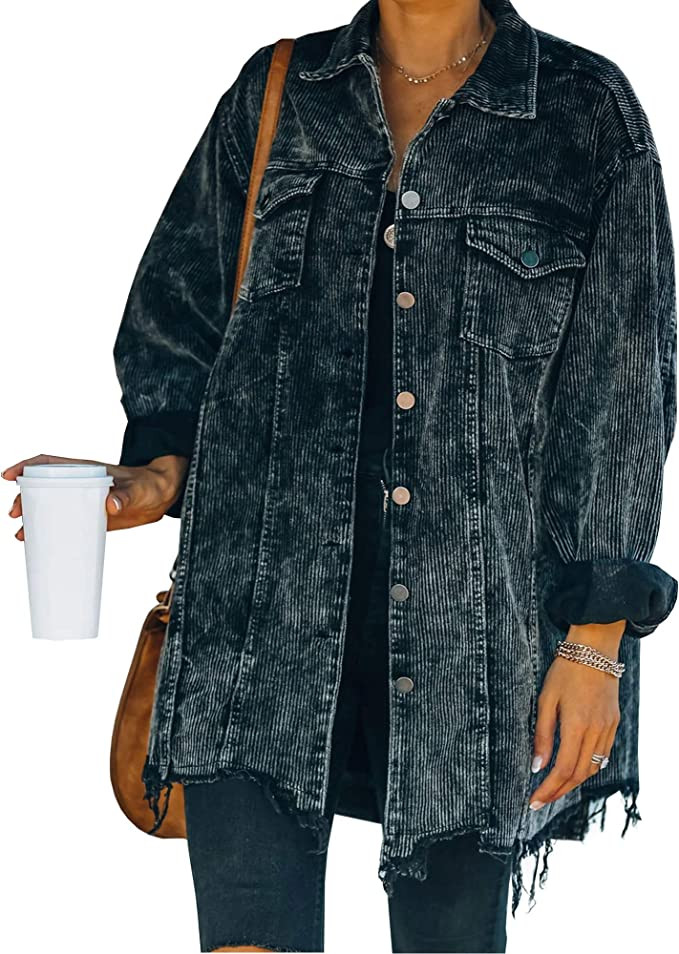 Hixiaohe Women's Casual Oversized Button Down Corduroy Shirt Jacket Coat Washed Retro Shacket | Amazon (US)