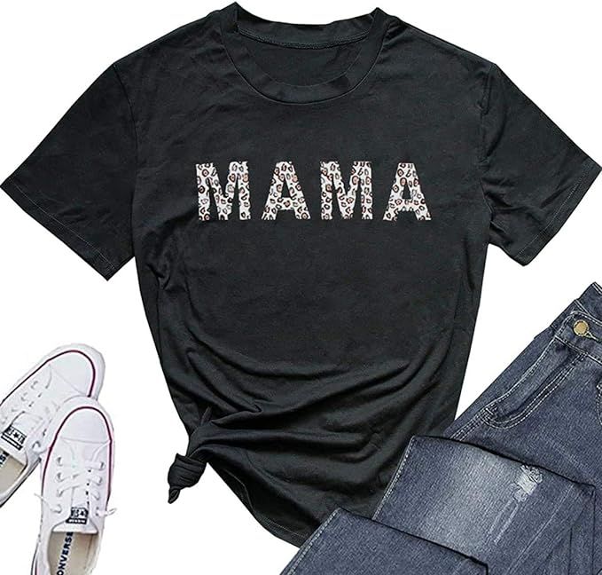 MUPAOLO Womens Mama Shirt Fashion Leopard Mama Graphic Tee Shirts Loose Fit Summer Casual Tops Te... | Amazon (US)
