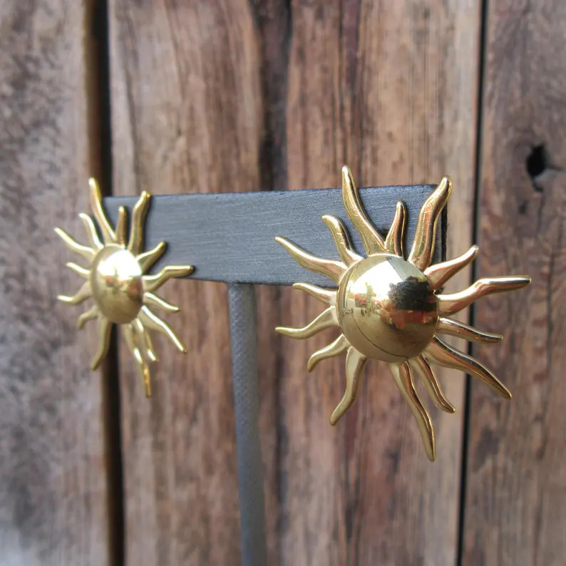 90s Gold Tone Sun Earrings | Modernist Celestial Sun Earrings | Statement Earrings | Etsy (US)