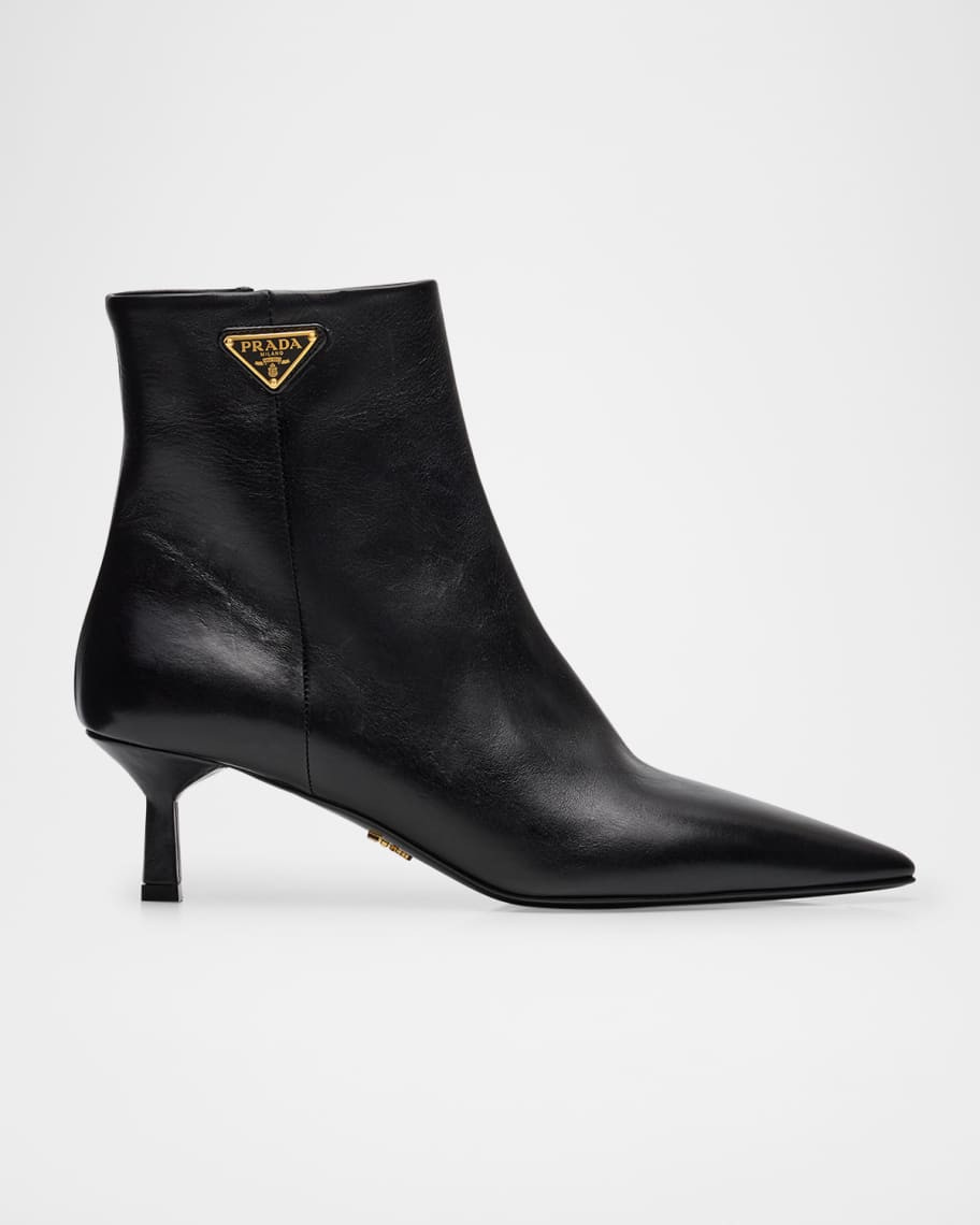 Prada Triangle Logo Leather Kitten-Heel Booties | Neiman Marcus