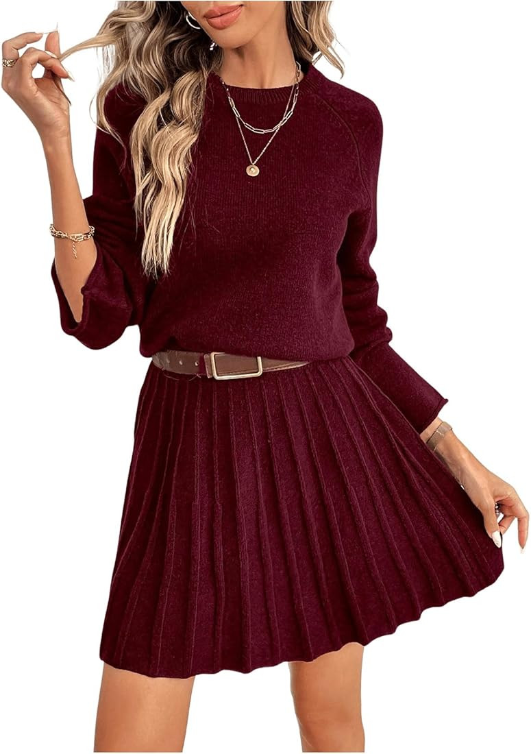 BEAUDRM Women's 2 Piece Outfits Long Sleeve Crewneck Knit Sweater Pullover Sweater and Pleated Sw... | Amazon (US)