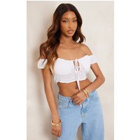 White Textured Tie Front Puff Sleeve Crop Top | PrettyLittleThing CAN