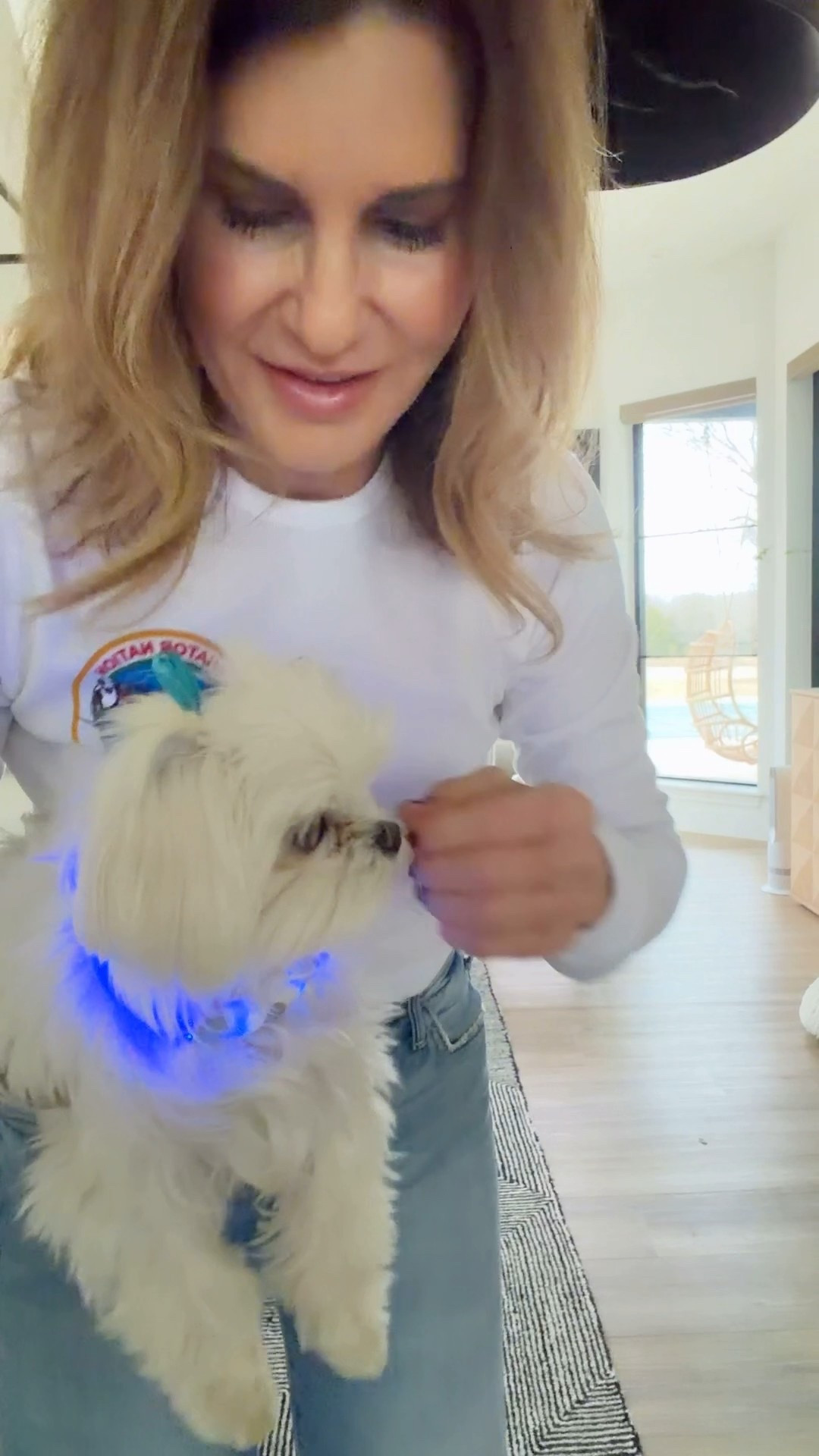 Coco models the LED collar
I’m
Wearing a medium Aviator Nation tee