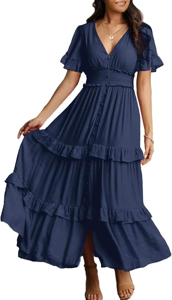 Amegoya Women's V Neck Long Sleeve Boho Maxi Dress 2023 Fall Wedding Guest Long Flowy Engagement ... | Amazon (US)
