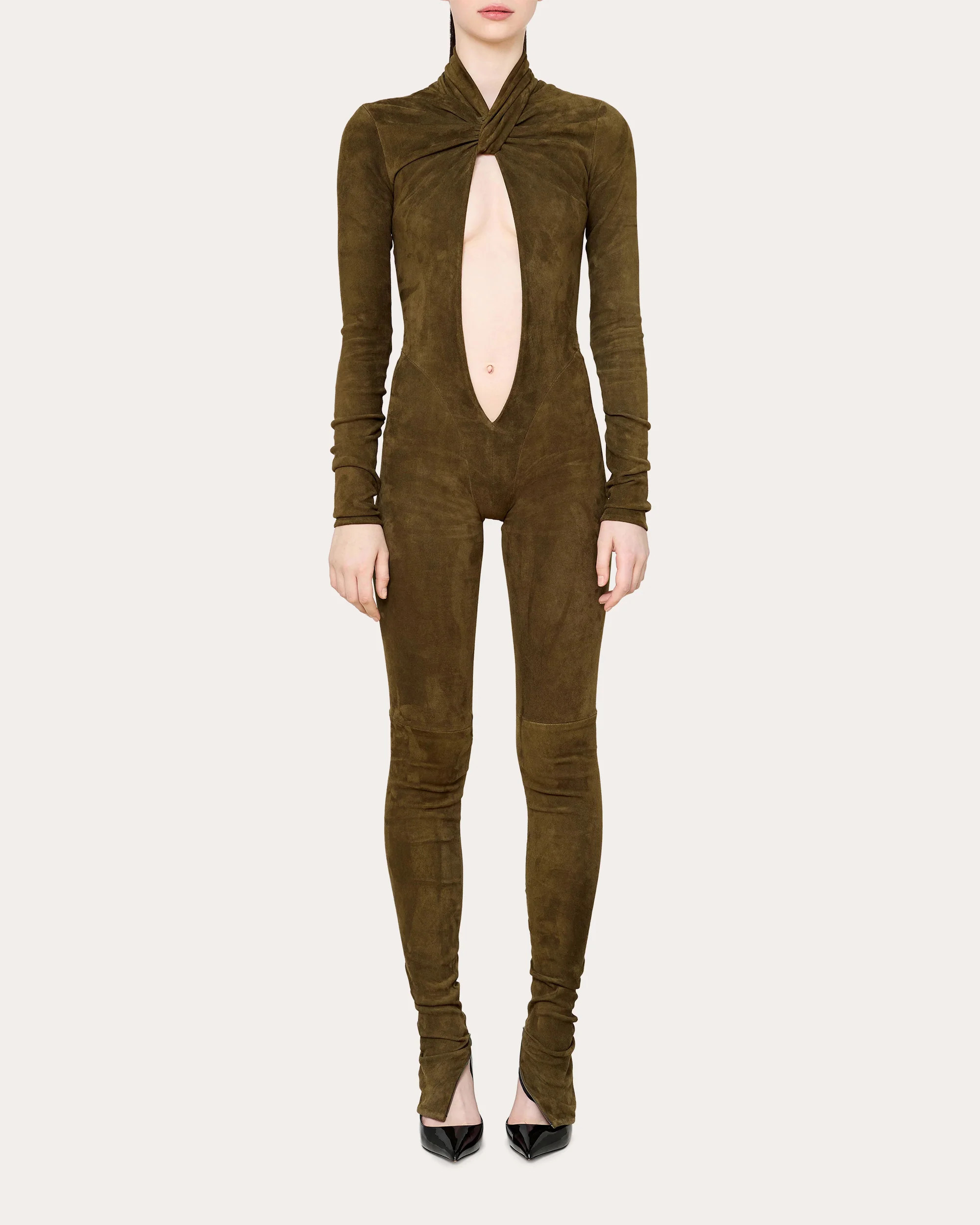 LaQuan Smith Women's Twist-Front Faux Suede Cutout Jumpsuit in Olive Suede/Polyester/Spandex | Olivela