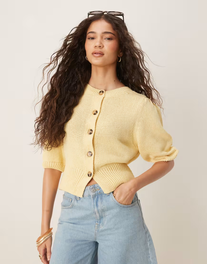 ASOS DESIGN crew neck cardigan with puff sleeve in buttermilk-Yellow | ASOS (Global)