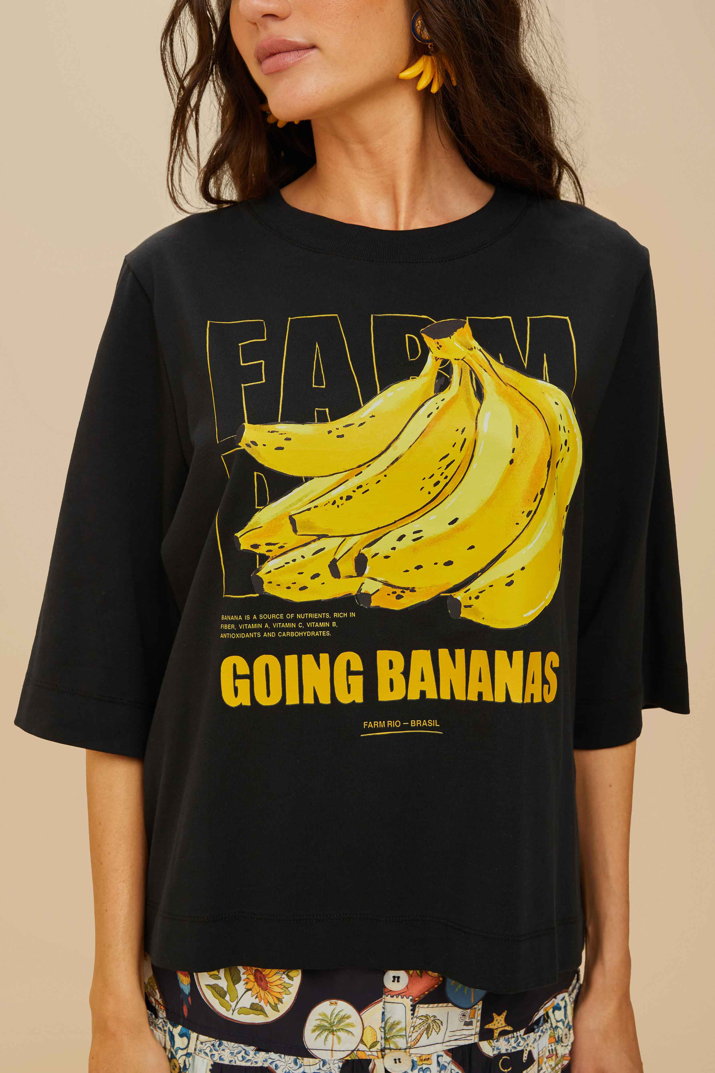 Black Tropical Bananas Organic Cotton T-Shirt | Farm Rio UK