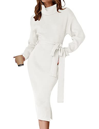ZESICA Women's Turtleneck Sweater Midi Dress Long Sleeve Ribbed Knit Bodycon Slit Dress with Belt | Amazon (US)