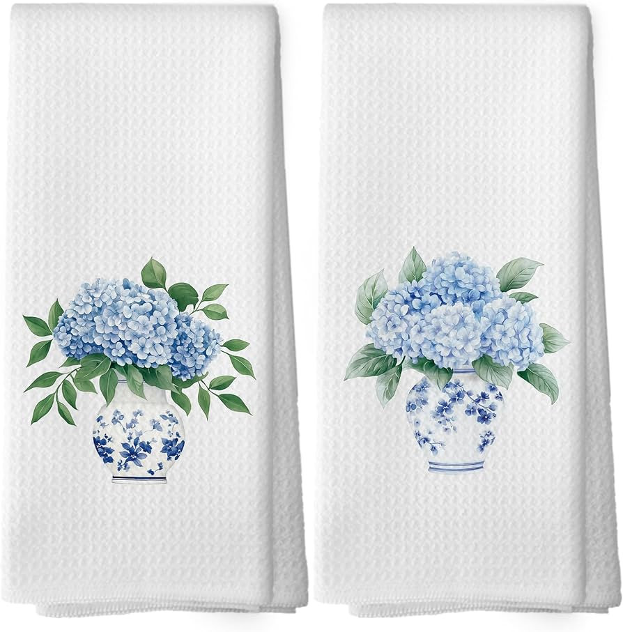 Chinoiserie Vase Floral Kitchen Dish Towels Set of 2, Blue and White Porcelain Hydrangea Gifts fo... | Amazon (US)