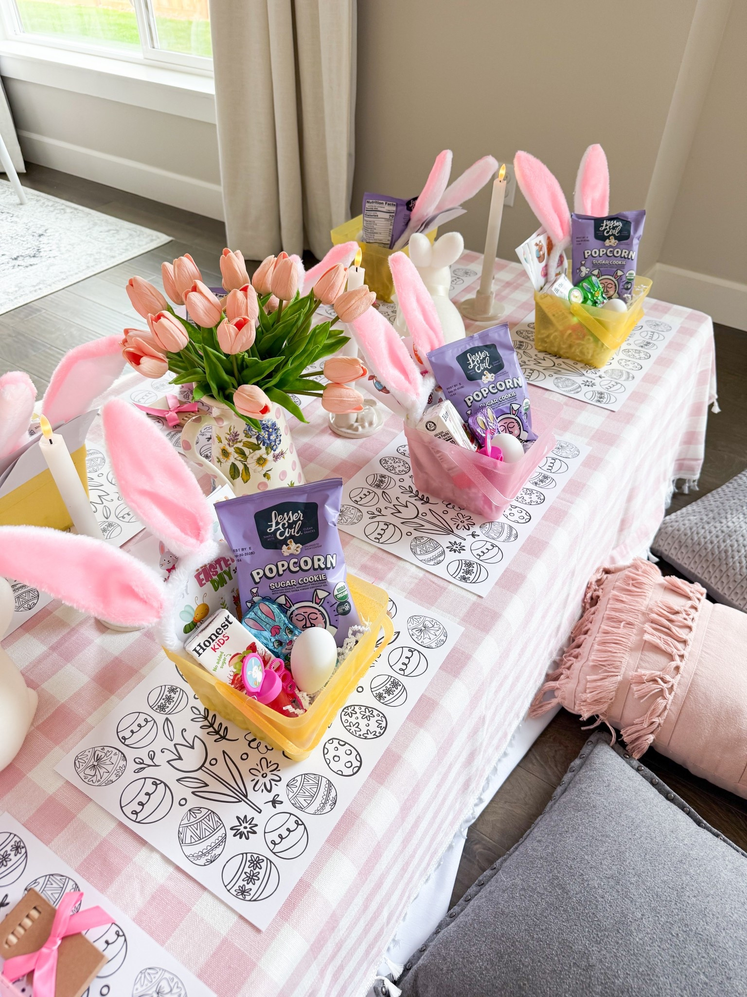 Easter Egg Hunt Party Set Up! 

Fillable Easter eggs, artificial tulips, colored pencils, bunny stickers and headbands, pink checkered tablecloth, Easter baskets, bunny decor, foldable table, candles, chocolate bunnies, fruit punch, storage tote, popcorn 

#LTKHome #LTKKids #LTKSeasonal