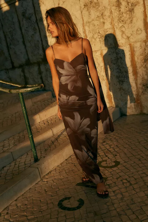 PRINTED TULLE MIDI DRESS WITH SCARF | Zara UK