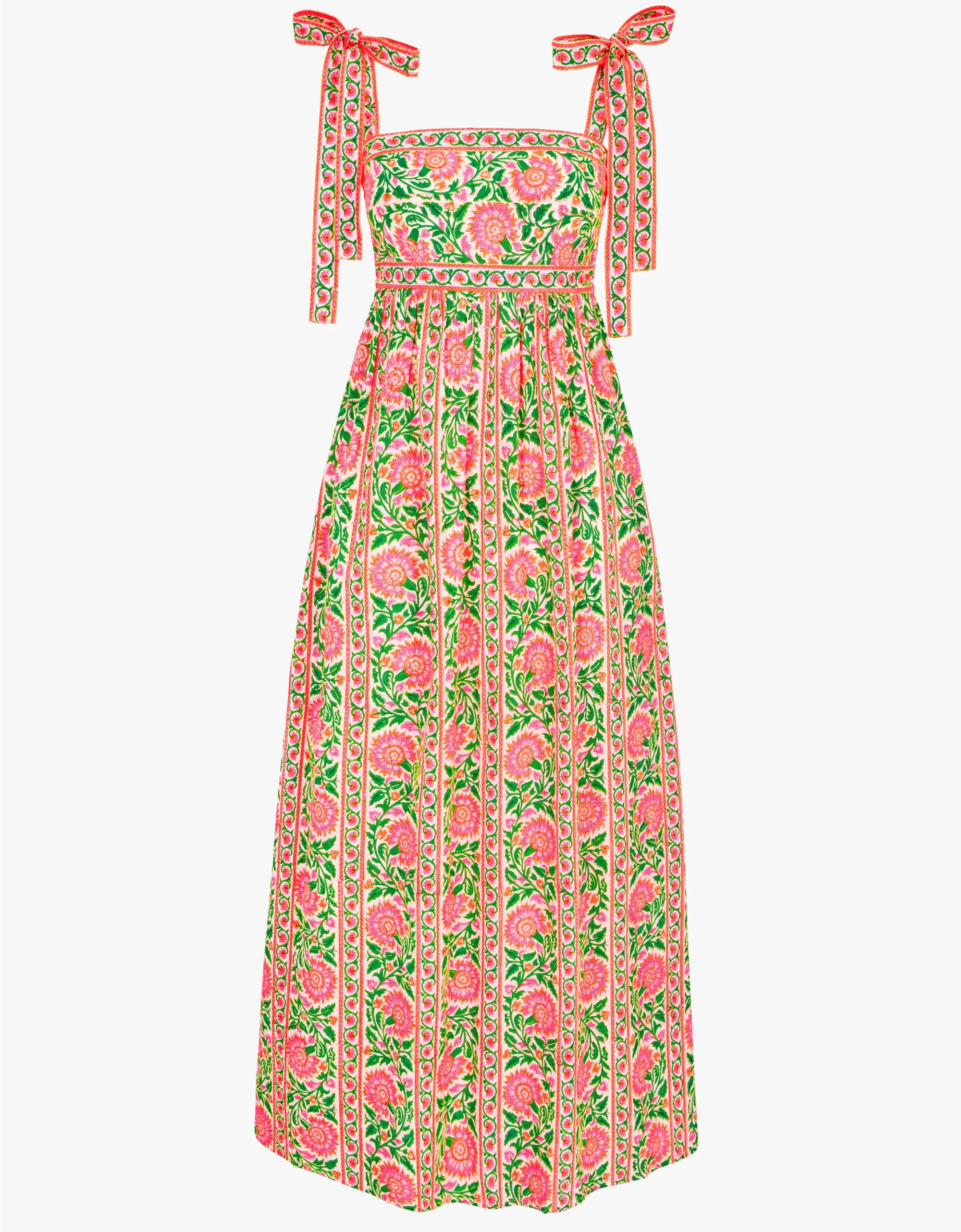 Mykonos Dress | Neon Orange, Pink & Green Floral Midi | Block Print Cotton | Pink City Prints UK