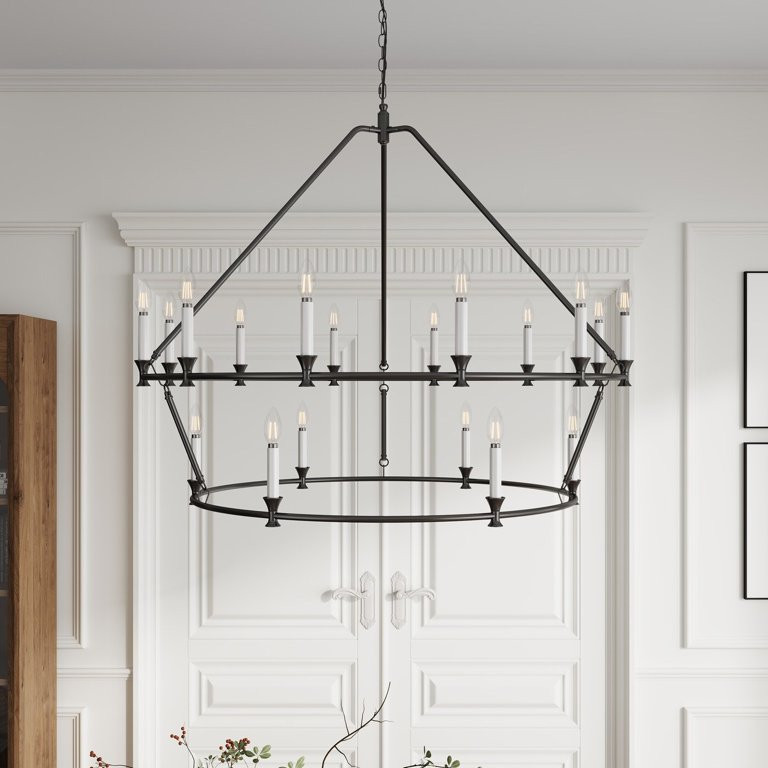Farmhouse Black 18-Light Wagon Wheel 2-Tier Candle Chandelier | Walmart (US)