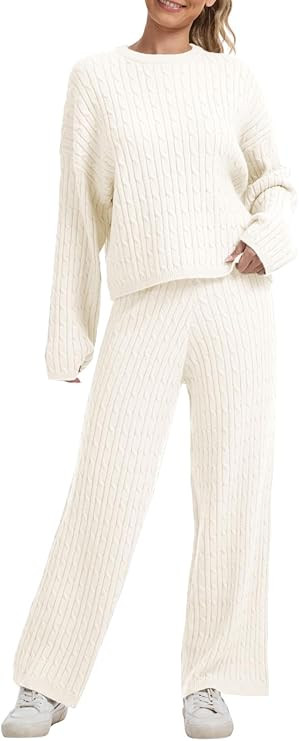 AnotherChill Women's Cable Knit Sweater Lounge Set – Long Sleeve Pullover Top with Wide Leg Pan... | Amazon (US)