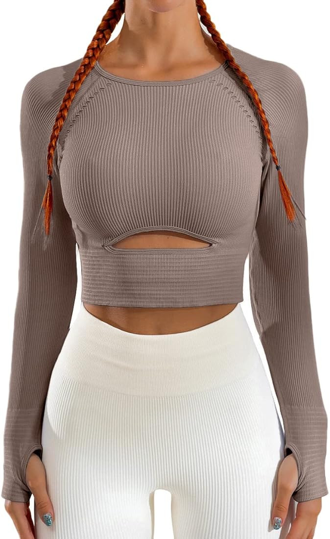 QINSEN Workout Crop Tops for Women Seamless Ribbed Long Sleeve GMY Yoga Athletic Shirt | Amazon (US)