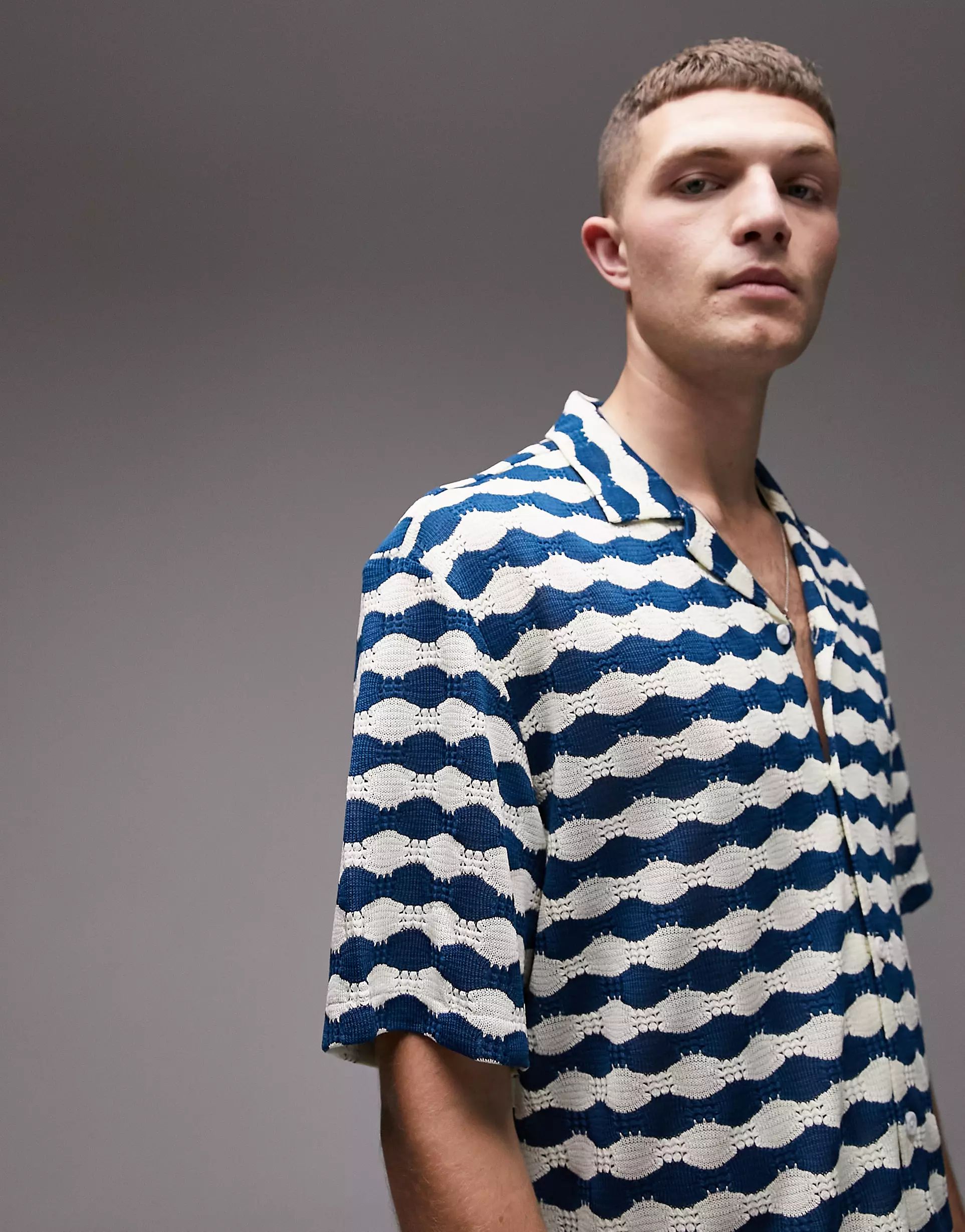 Topman short sleeve crochet shirt in blue and white | ASOS (Global)