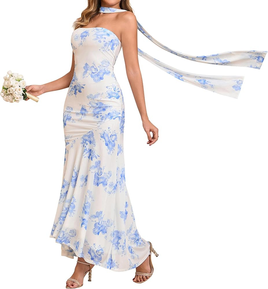URYIAO Women's Summer Wedding Guest Maxi Dresses Tube Floral Strapless Bodycon Ruffle Formal Part... | Amazon (US)