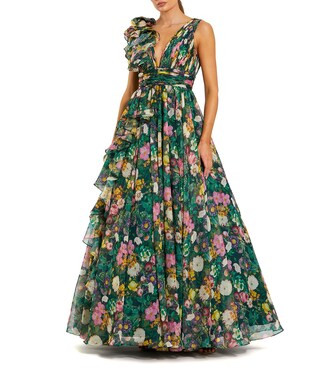 Chiffon Floral Print V Neck Sleeveless Ruffle A-Line Gown | Dillard's