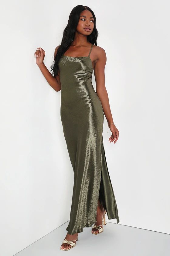 Divine Celebration Olive Green Satin Lace-Up Maxi Dress | Lulus (US)