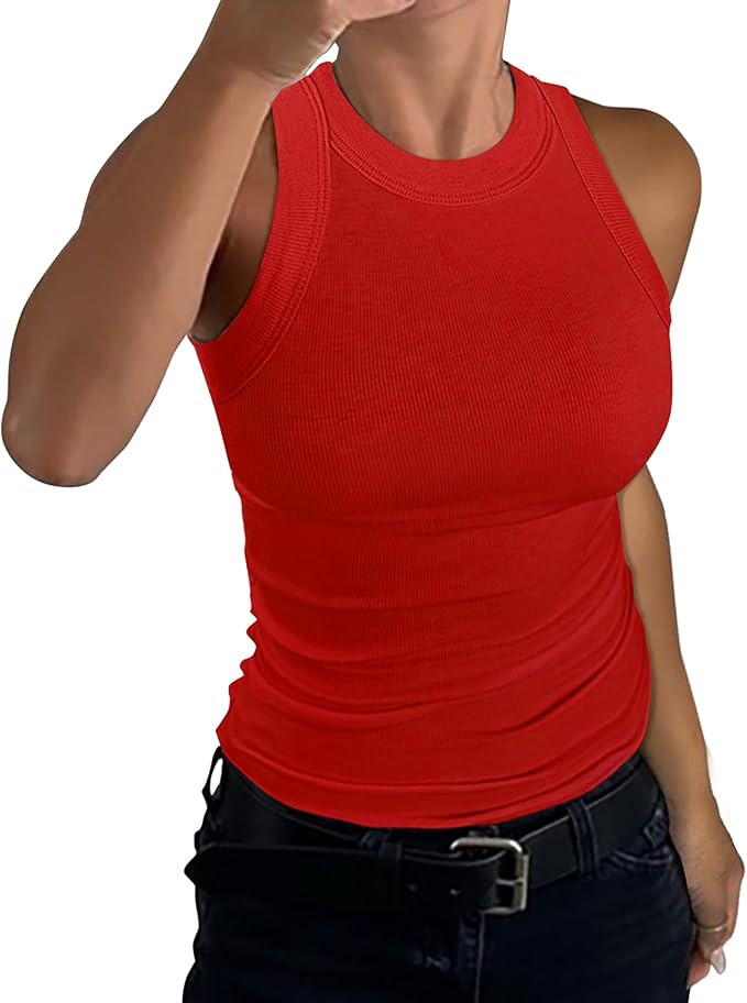 GEMBERA Womens Sleeveless Racerback High Neck Casual Basic Cotton Ribbed Fitted Tank Top | Amazon (US)
