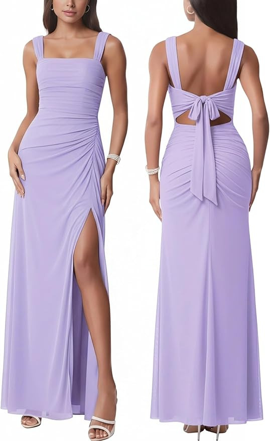 Women Sexy Mesh Tie Low Back Sleeveless Split Ruched Maxi Dress Party Cocktail Long Dress Wedding... | Amazon (US)