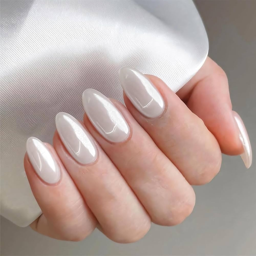 Pearl White Chrome Press on Nails Medium Long Almond, KQueenest Ice Iridescent Stiletto Fake Acry... | Amazon (US)