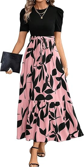 PerZeal Women's Casual Summer Crewneck A Line Short Sleeve Print Flowy Boho Long Maxi Dress with ... | Amazon (US)