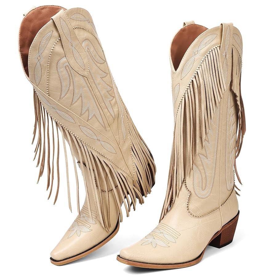 Cowboy Boots for Women Retro Pointed Toe Pull On Block Chunky Heel Embroide Tassel Country Concer... | Amazon (US)