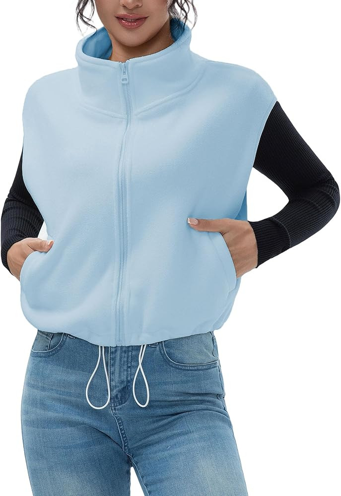 Women's Full Zip Fleece Short Vest Warm Winter Sleeveless Stand Collar Sherpa Crop Coat | Amazon (US)