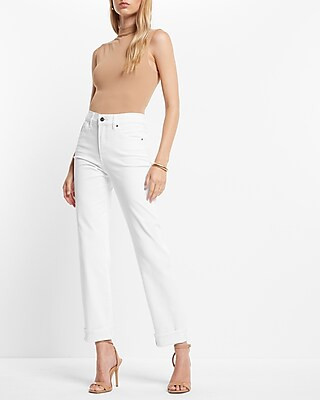High Waisted White Cuffed Hem Straight Ankle Jeans | Express