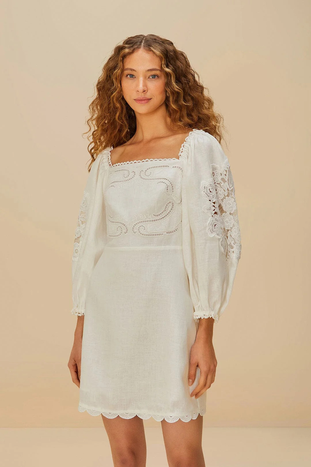 Off-White Embroidered Euroflax™ Premium Linen Mini Dress | FarmRio (US)