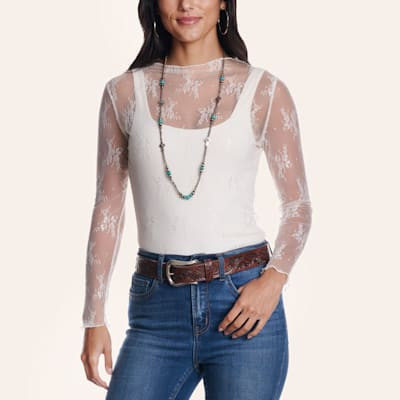 Rockin C Women's White Lace Fine Mesh Top | Cavender's