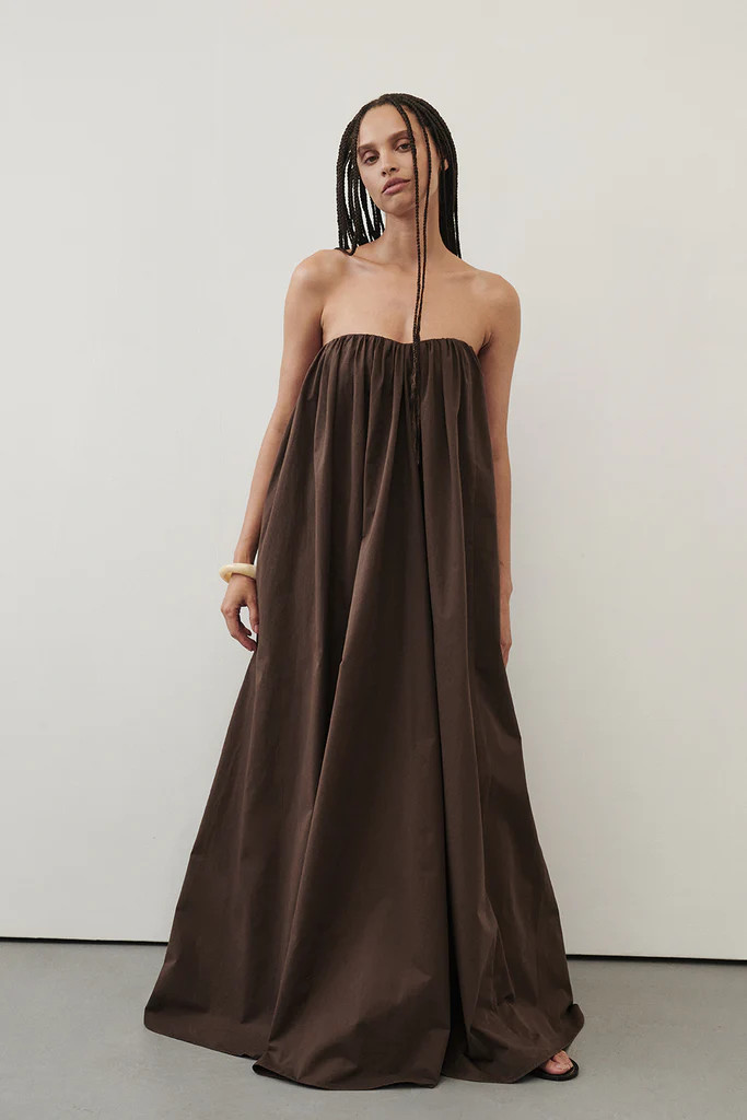 ROISIN BITTER CHOC COTTON STRAPLESS MAXI DRESS | DISSH