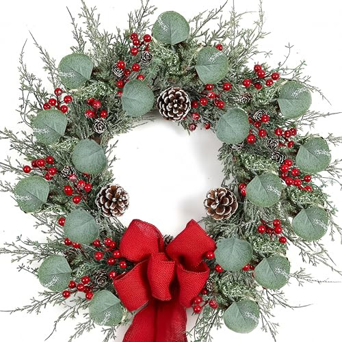 zjlmit 20 Inch Artificial Christmas Wreath Christmas Wreaths for Front Door with Pine Needles Pine Cones Red Berries Eucalyptus Leaves Red Bow for Home Office Wall Window Fireplace Winter Holidays | Amazon (US)