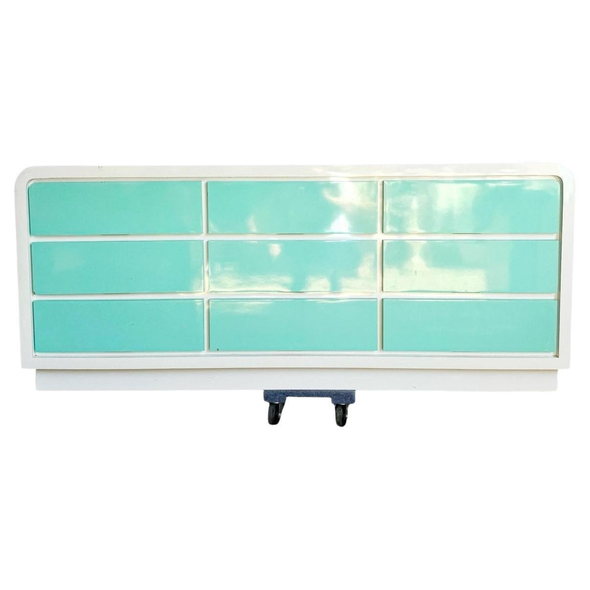Postmodern White and Turquoise Lacquer Laminate Waterfall Dresser | 1stDibs