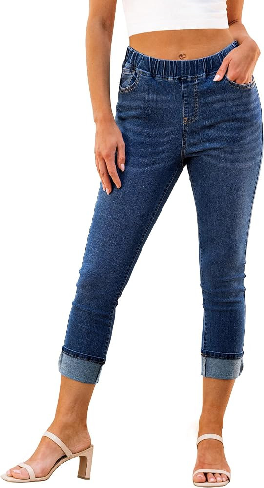 LookbookStore Capri Jeans for Women High Waisted Pull On Elastic Wasit Stretchy Denim Capris Jegg... | Amazon (US)